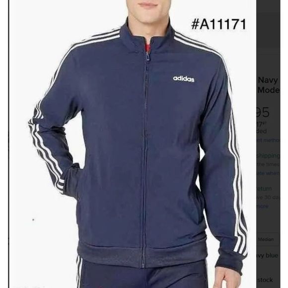 adidas DU0458 Mens Size S Essentials 3-Stripes Navy Blue Tricot Track Jacket - Picture 4 of 6